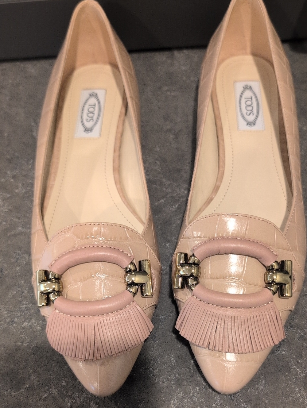 TOD'S Blush Pink Leather Pointed Flats with Fringe Detail